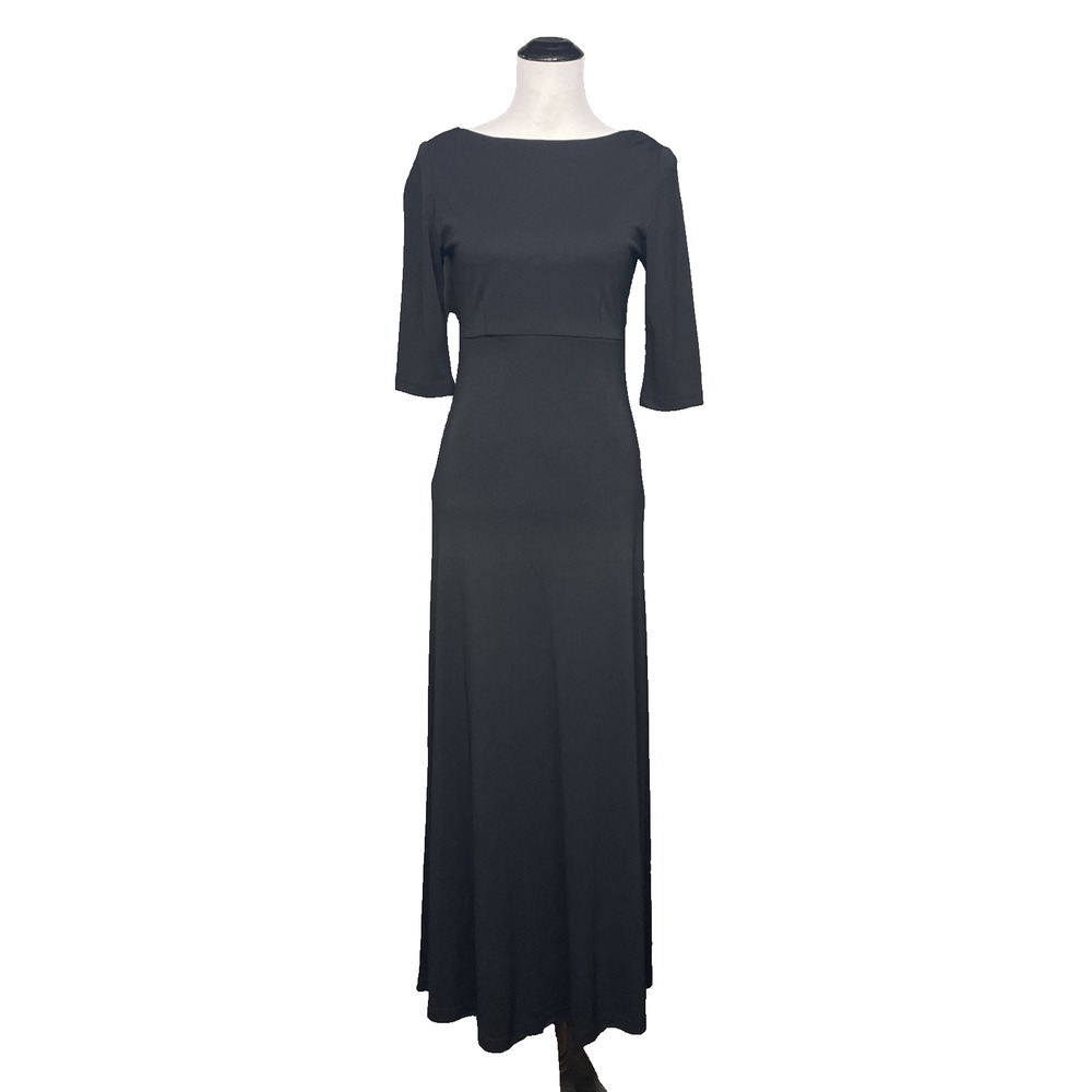 David Warren New York Womens Size 4 Black Maxi Dress 3/4 Sleeve Stretch USA Made